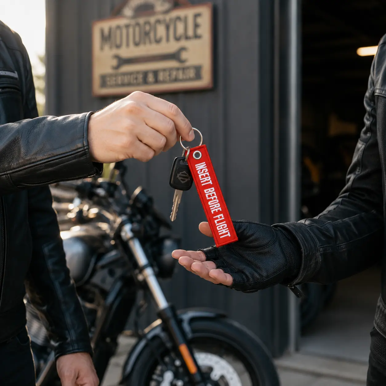 Una persona con guanto da motociclista riceve le chiavi con il portachiavi rosso INSERT BEFORE FLIGHT