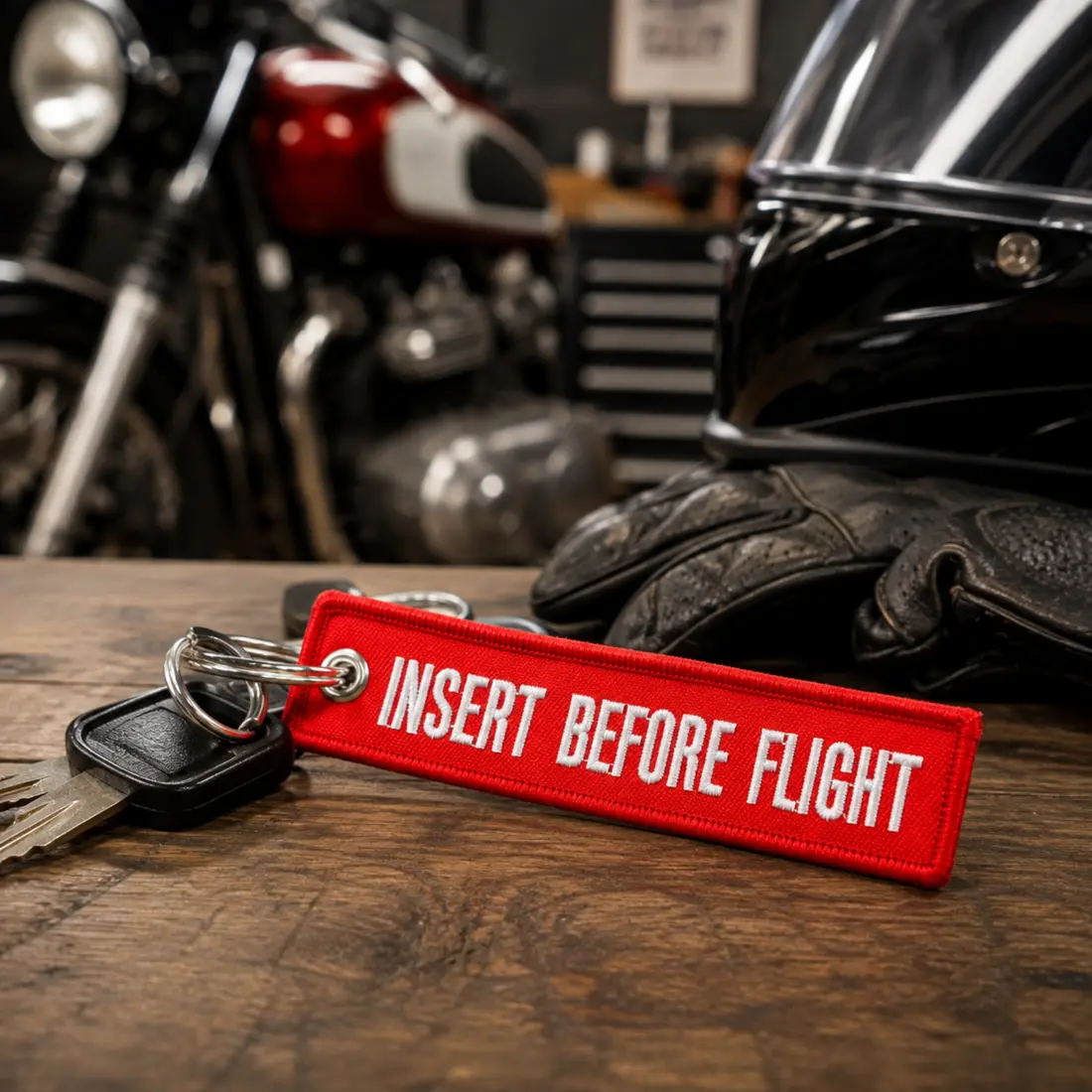 Portachiavi INSERT BEFORE FLIGHT rosso accanto alle chiavi di una moto